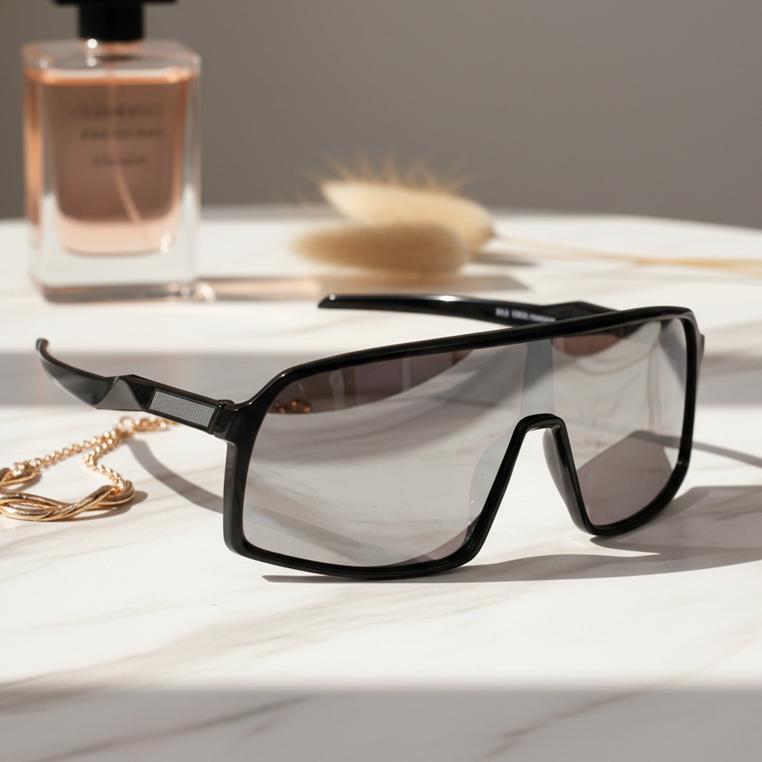 Black Shield Square Sunglasses With Textured Temple Arms