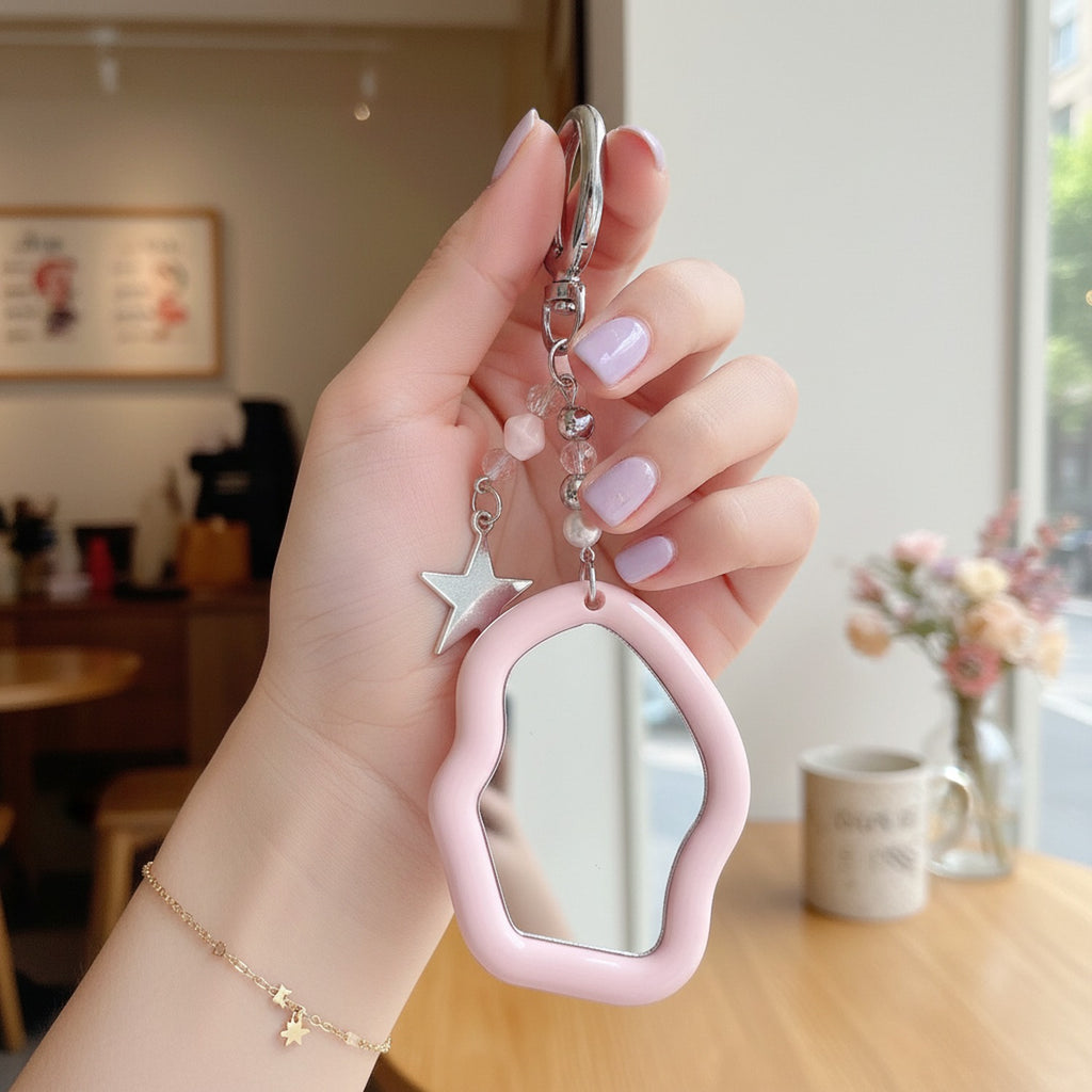 Pink Wavy Acrylic Keyring with Star Charm and Beaded Details