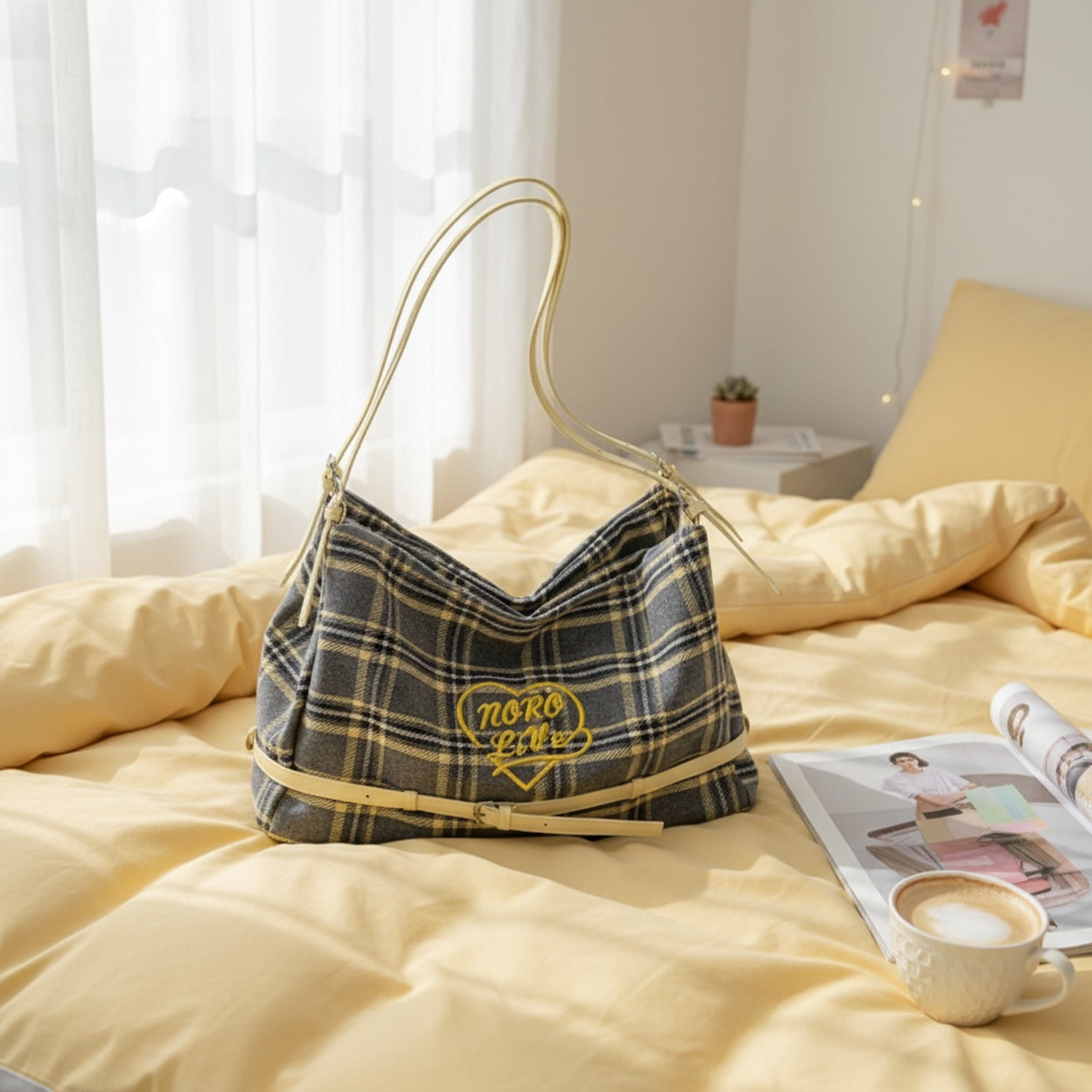Yellow Plaid Shoulder Bag With Heart Charm