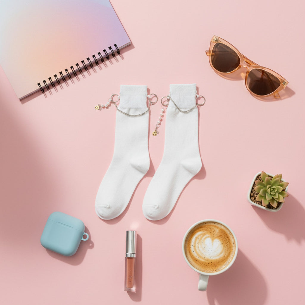 White Crew Socks With Chain Charm Detail