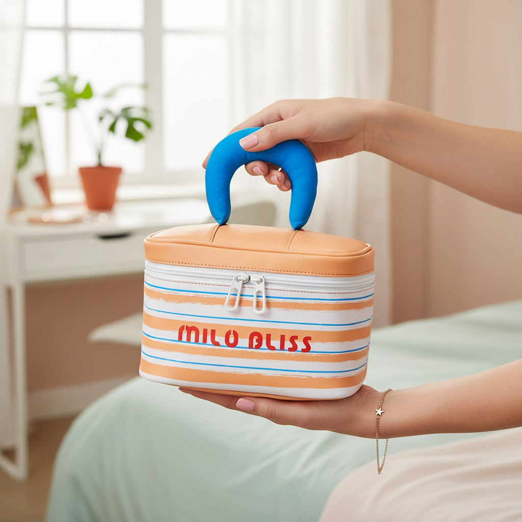 Striped Layered Cosmetic Case With Brown Handle
