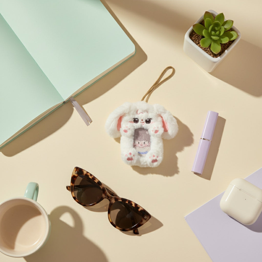 White Fluffy Bunny Phone Charm With Mini Doll