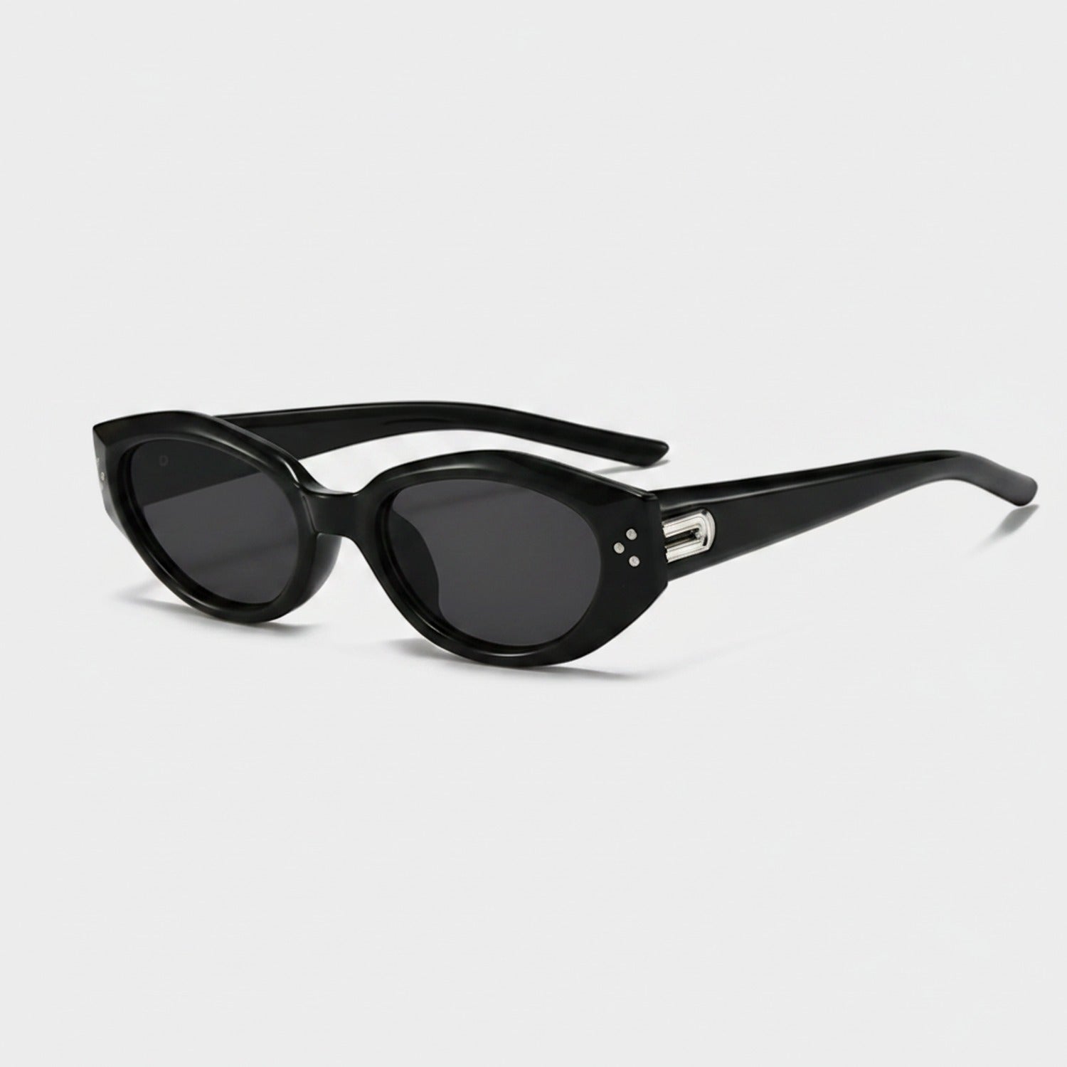 Black Oval Retro Sunglasses With Metal Accent