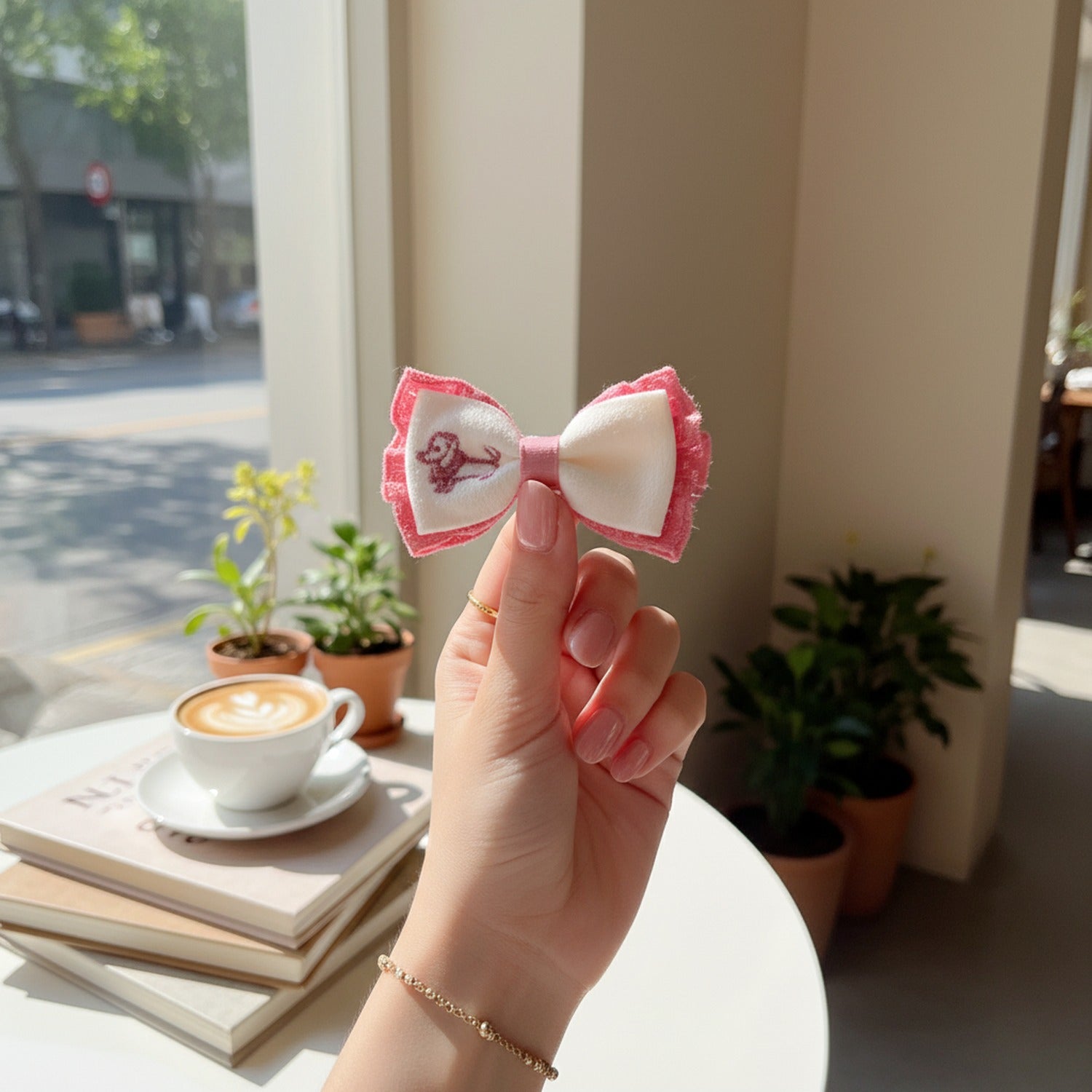 Cream Dachshund Embroidered Socks With Pink Ruffle Cuff