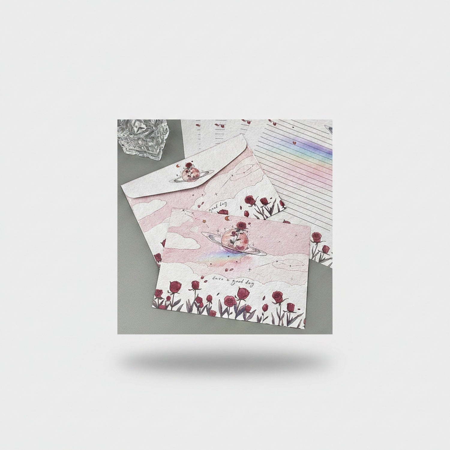 Pink Rose Flower Letter Writing Pad Set