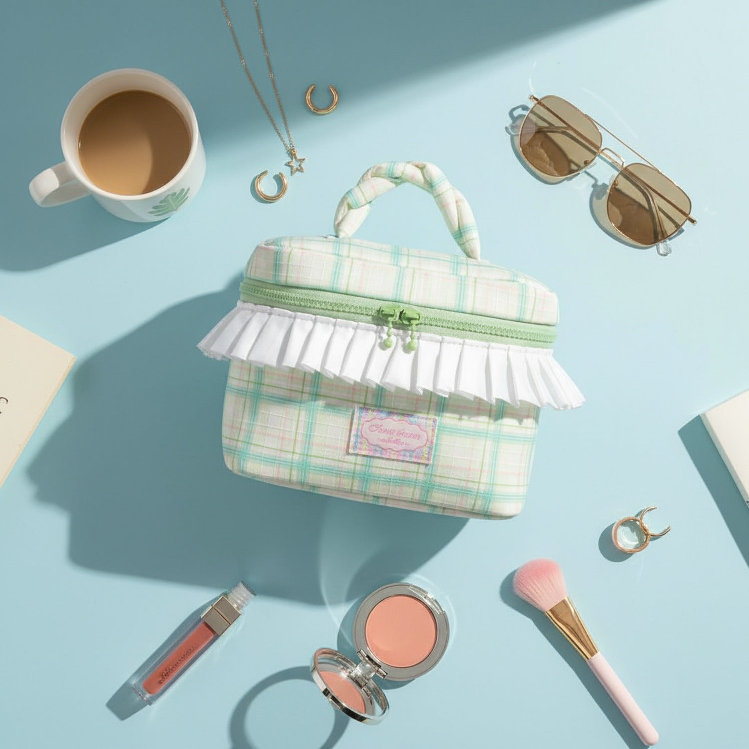 Plaid Cosmetic Bag With White Ruffle Trim