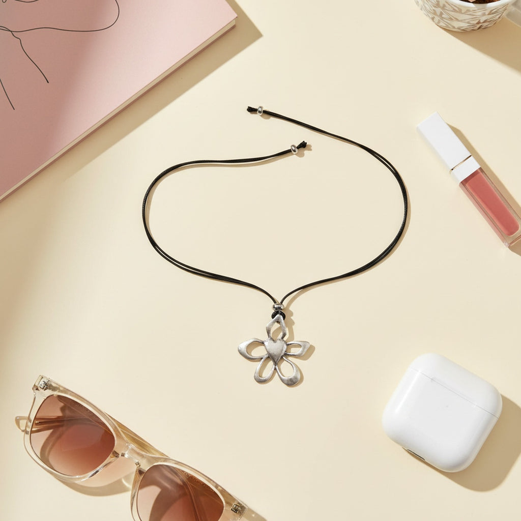 Silver Flower Pearl Pendant Cord Necklace