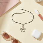 Silver Flower Pearl Pendant Cord Necklace