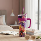 Floral Butterfly Insulated Tumbler with Handle and Straw
