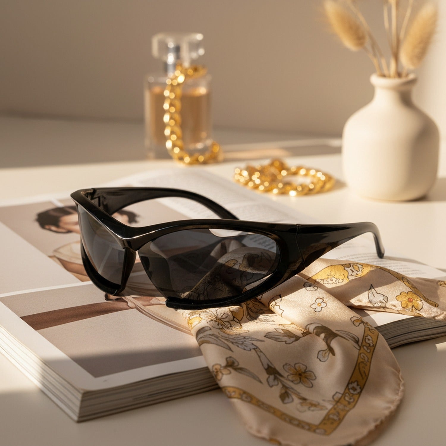 Black Oval Sport Sunglasses With Curved Lens