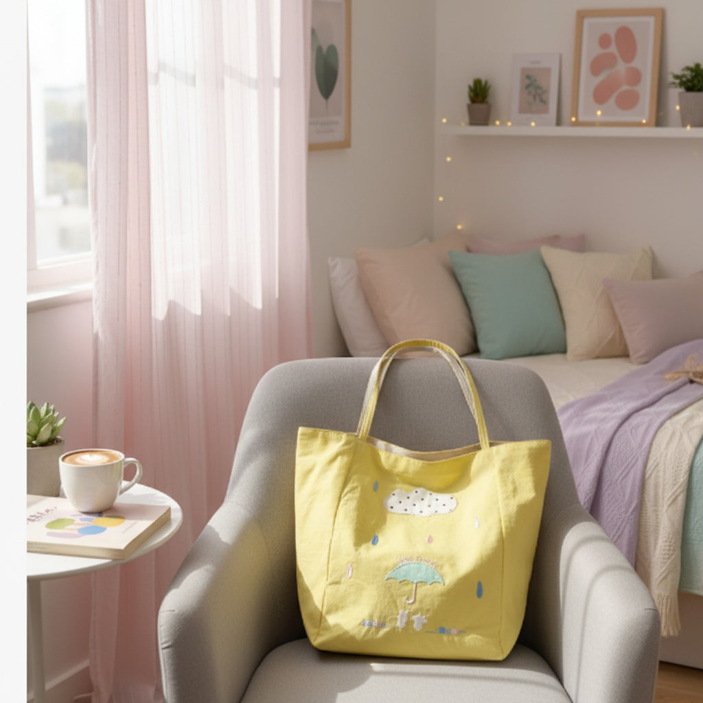 Yellow Umbrella Canvas Tote Bag With Polka Dot Trim