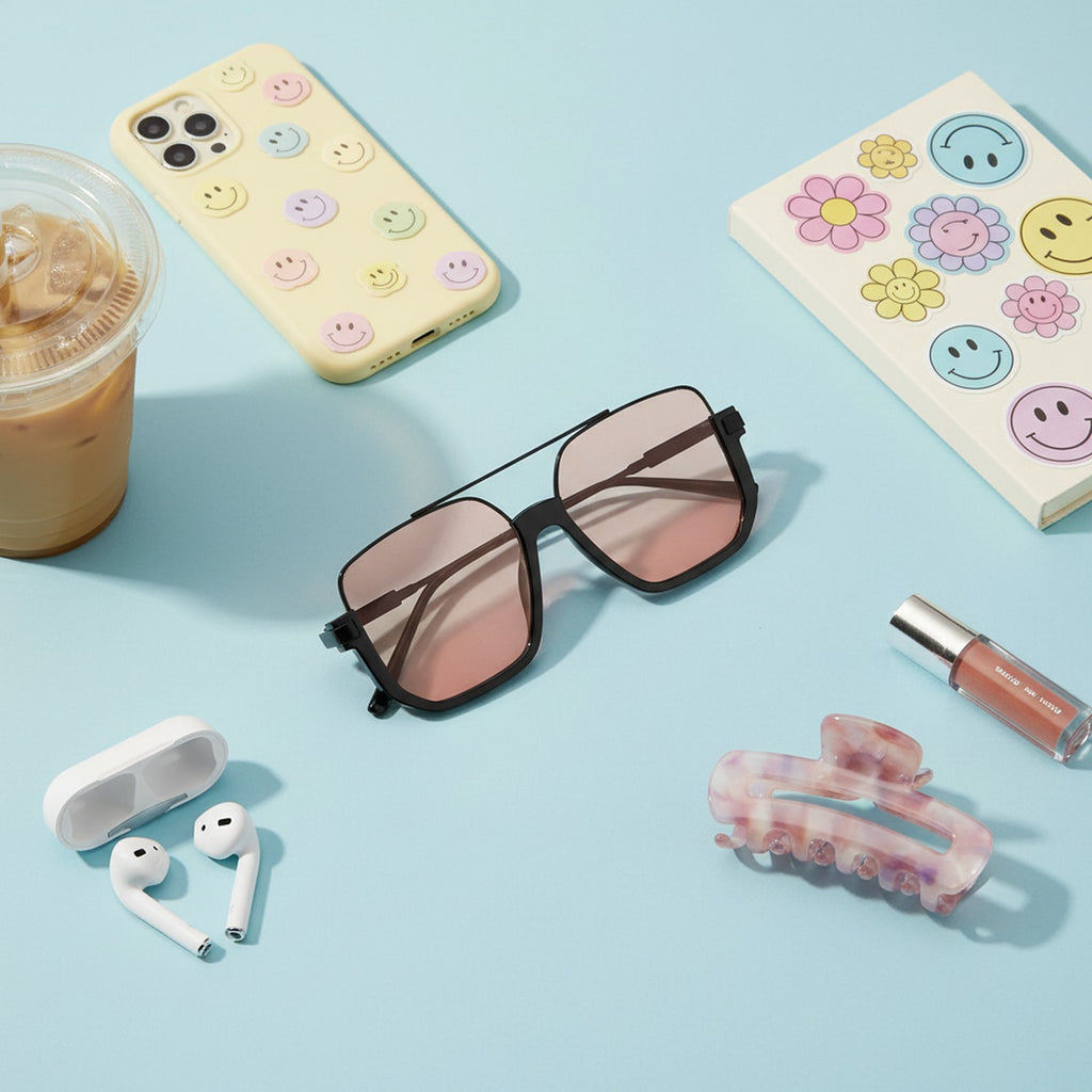 Square Black Sunglasses with Peach Tint Lenses