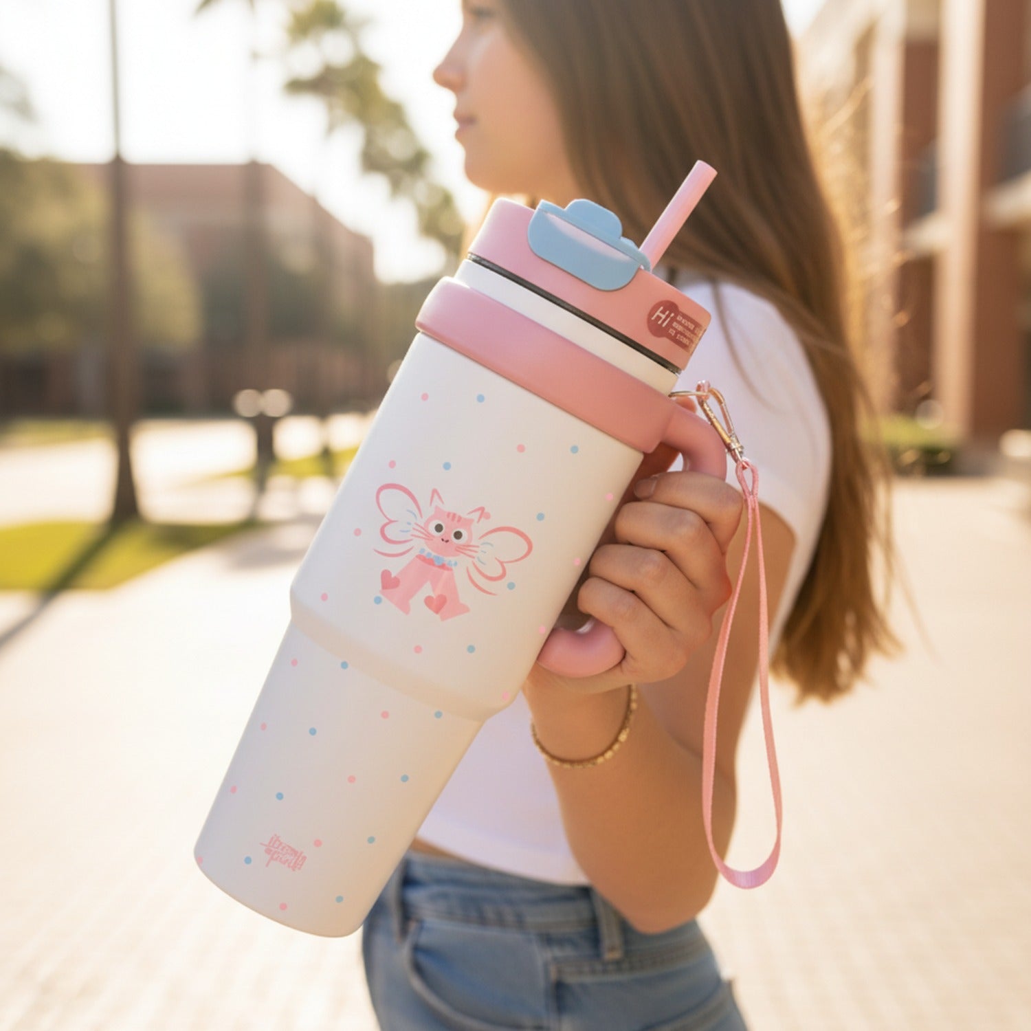 Butterfly Cat Pink Insulated Tumbler With Handle