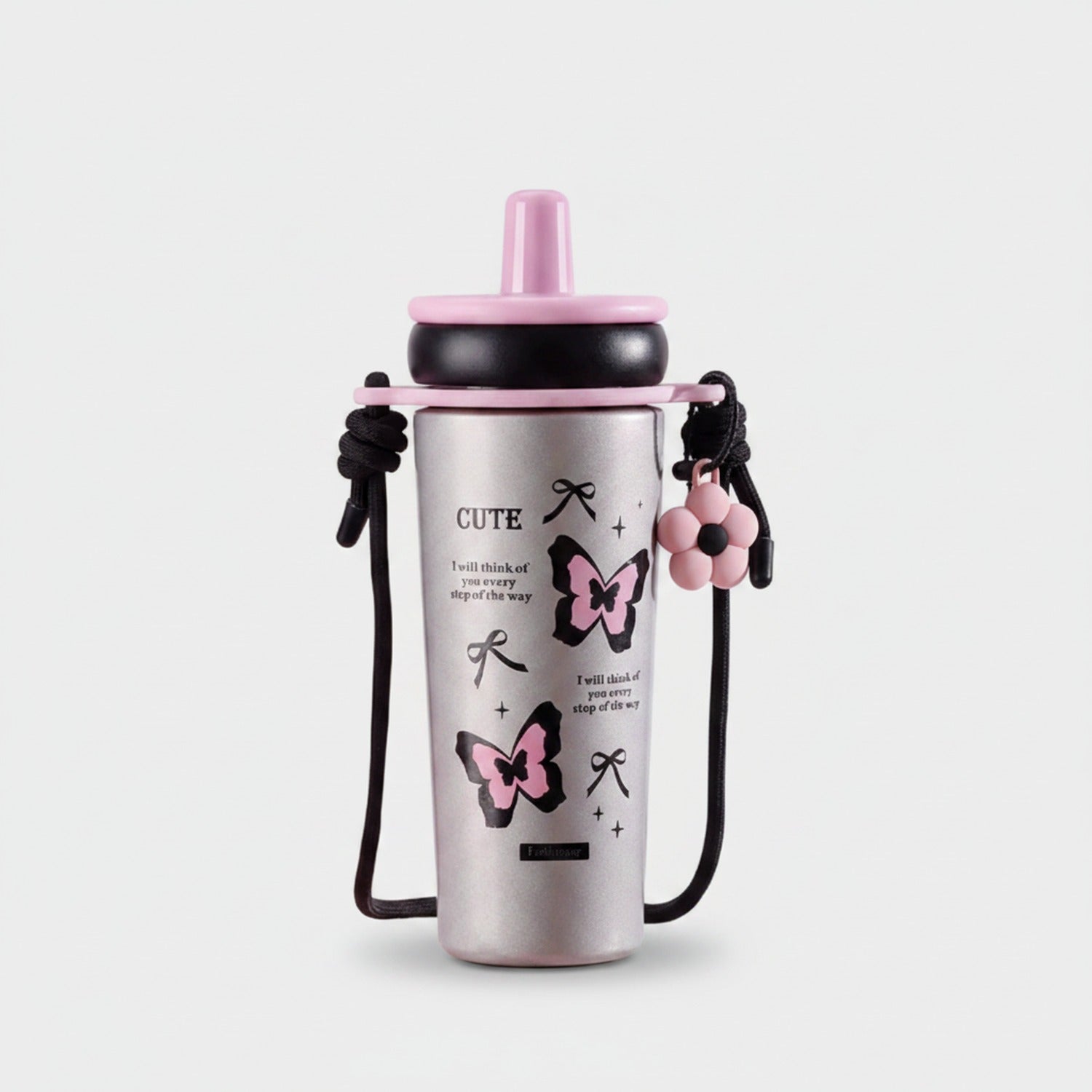 Cute Butterfly Charm Insulated Tumbler With Beaded Strap