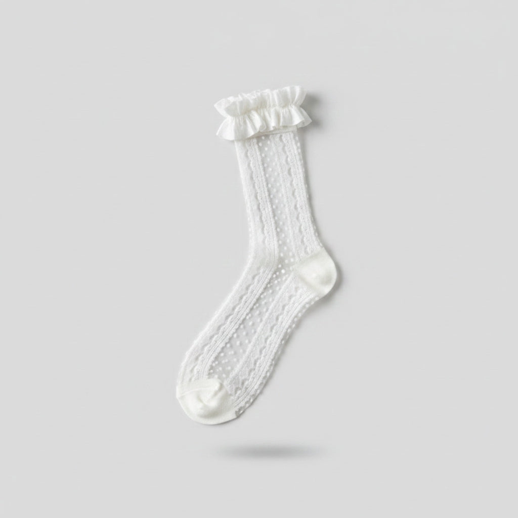 White Ribbed Crew Socks With Ruffled Cuff