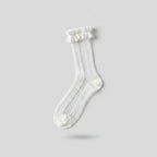 White Ribbed Crew Socks With Ruffled Cuff