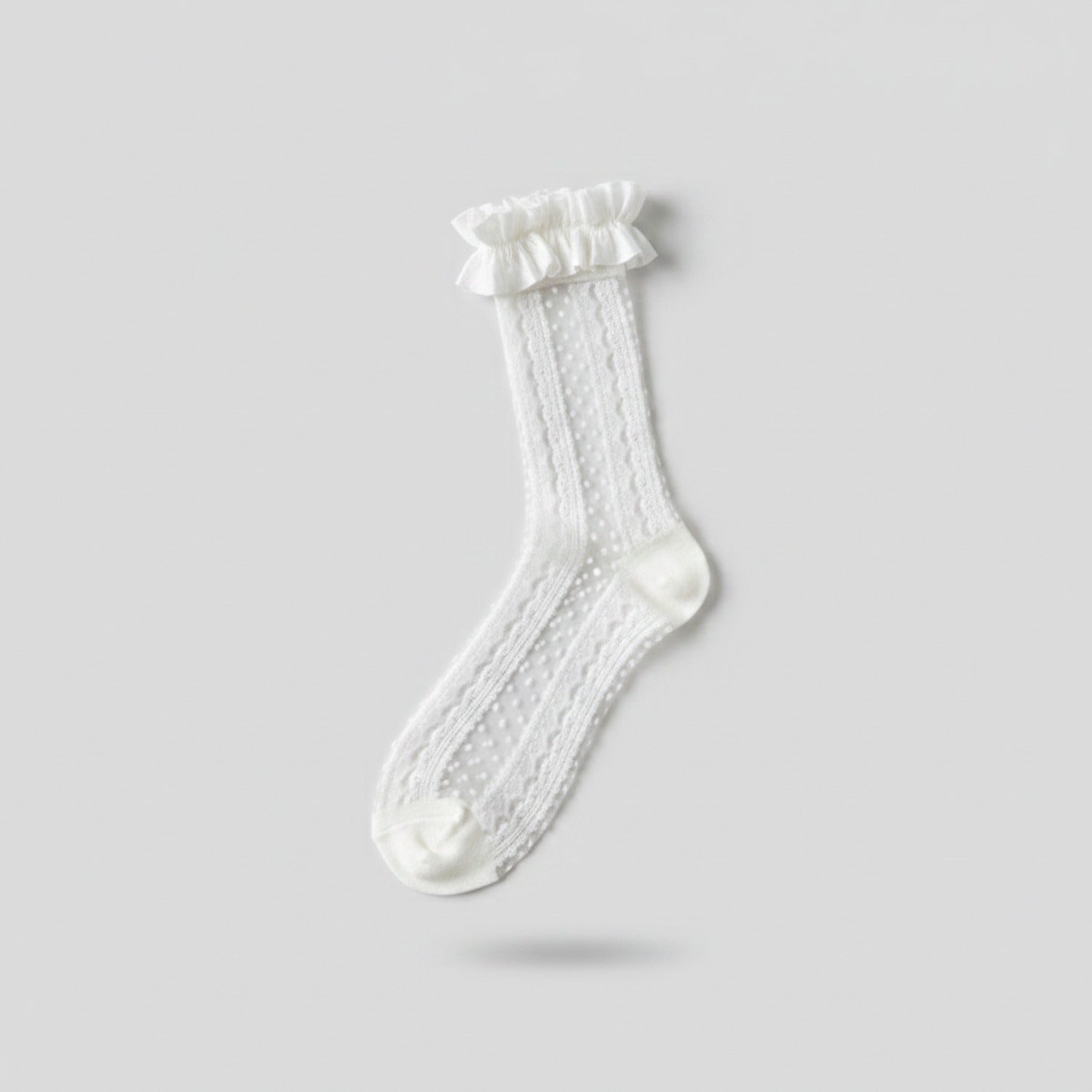 White Ribbed Crew Socks With Ruffled Cuff