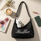 Black Star Studded Hobo Tote Bag With Fluffy Charm