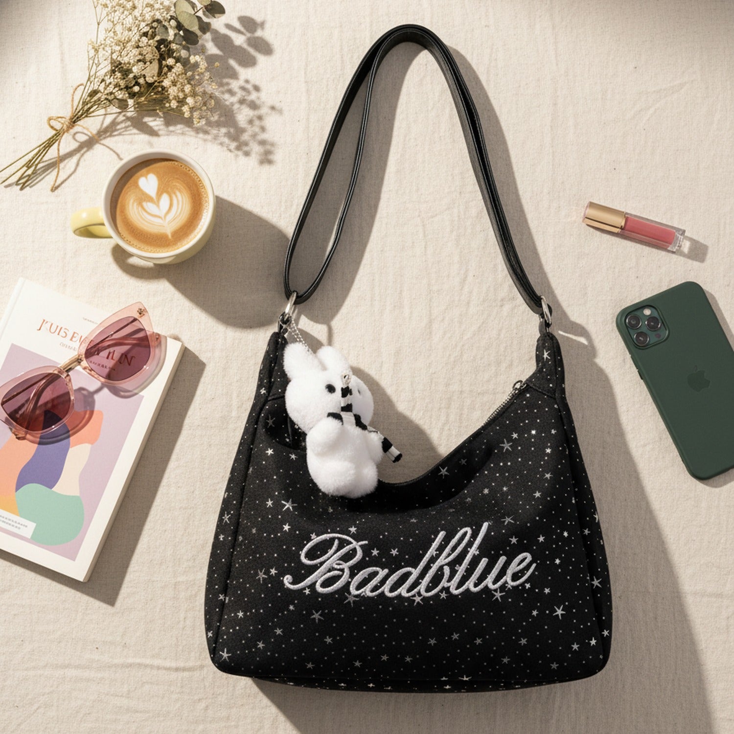 Black Star Studded Hobo Tote Bag With Fluffy Charm