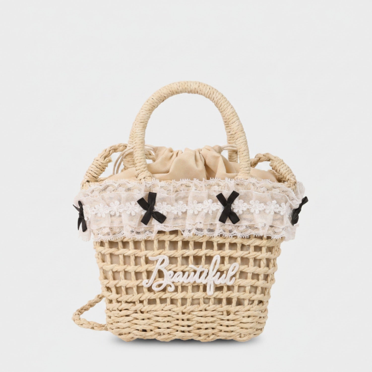 Woven Straw Basket Tote Bag with Lace Bow Trim
