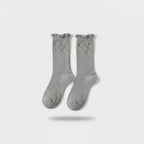 Gray Ribbed Ruffle Dotted Crew Socks