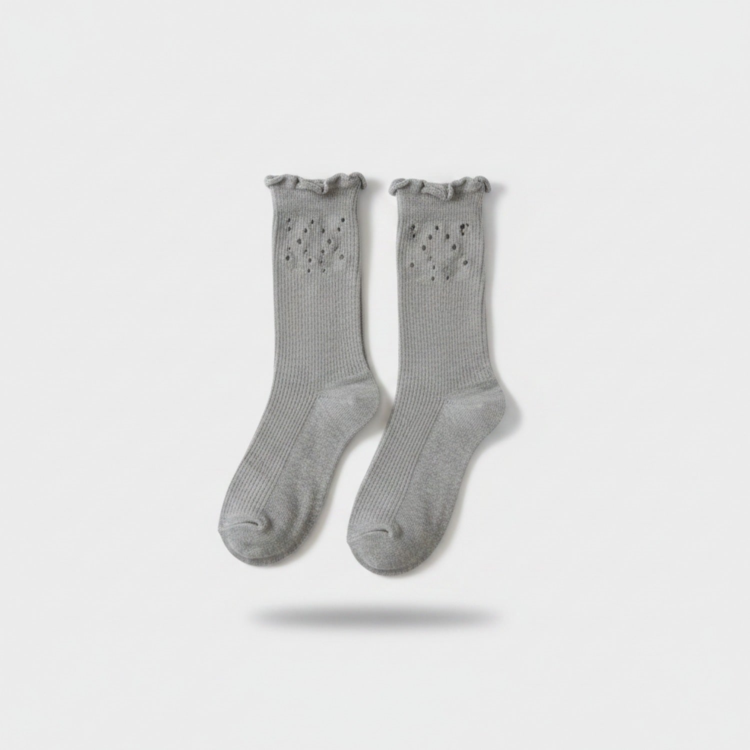Gray Ribbed Ruffle Dotted Crew Socks