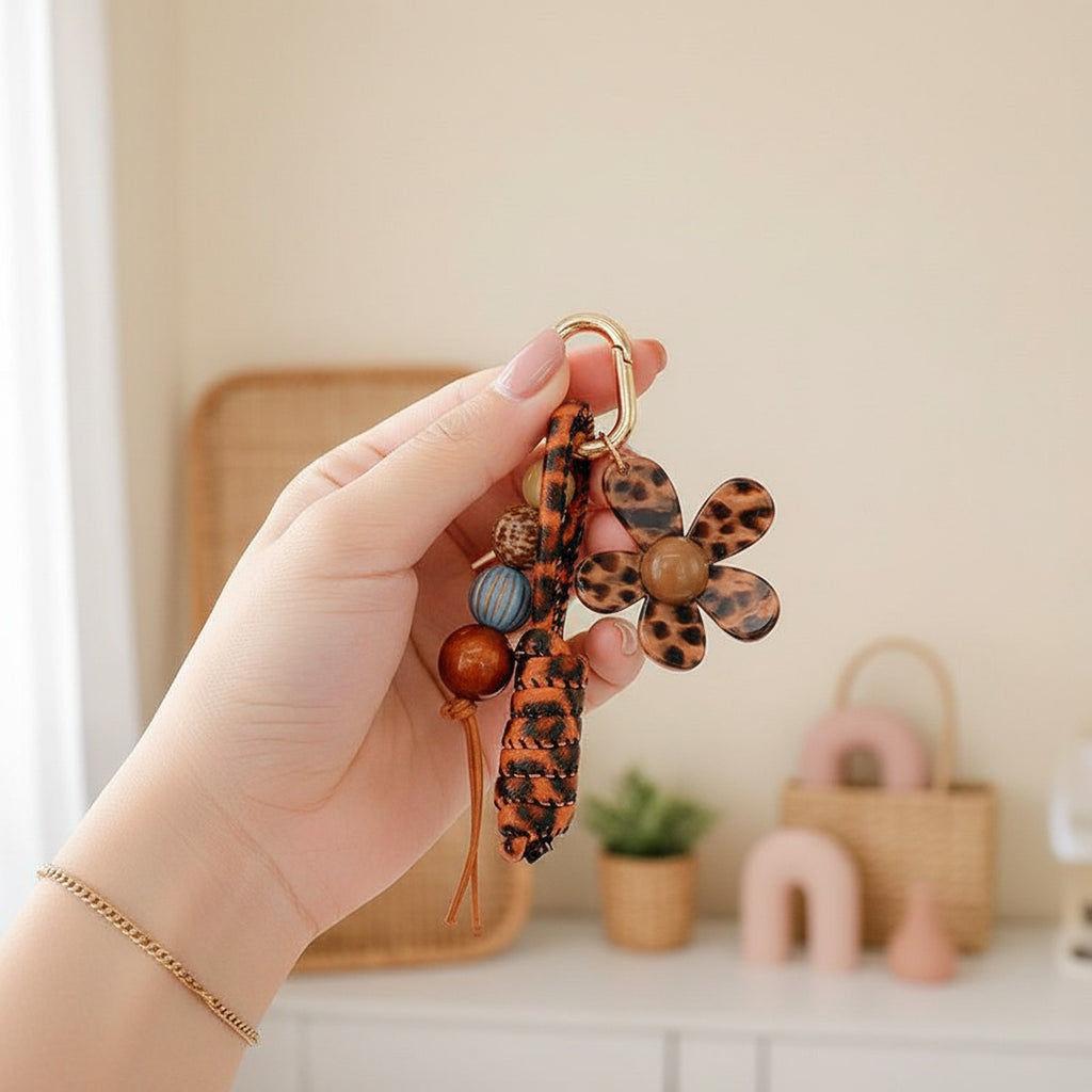 Leopard Print Acrylic Flower Charm Keyring