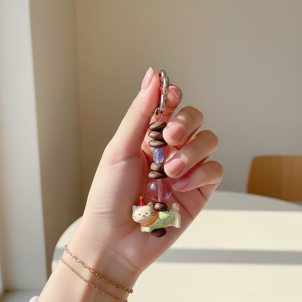 Acrylic Keyring With Beaded Charm And Woven Strap