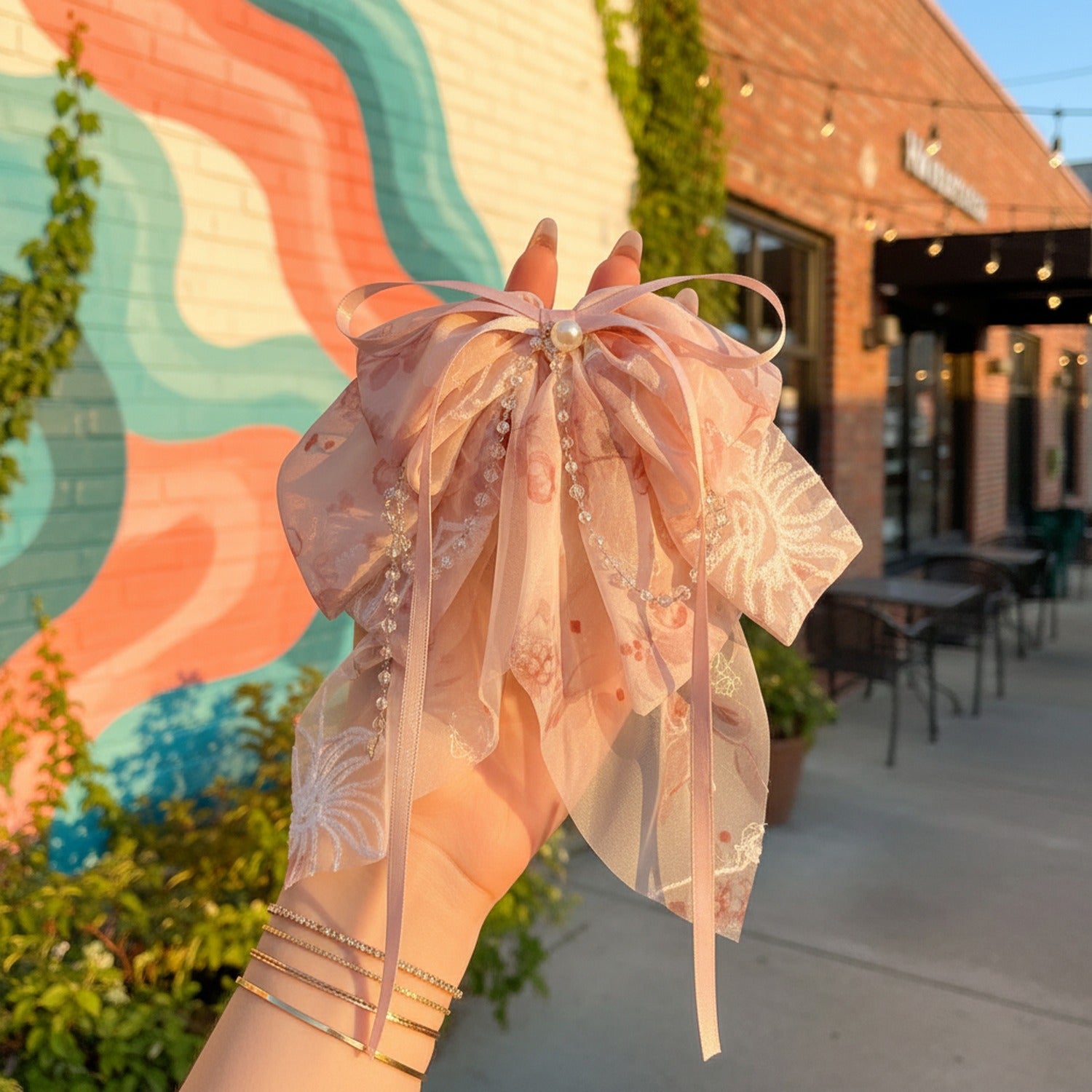 Sheer Ribbon Hair Claw With Pearl Beads