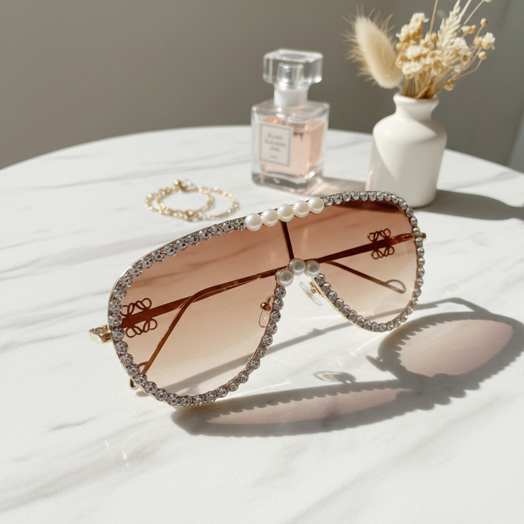 Pearl Rhinestone Aviator Sunglasses Brown Gradient