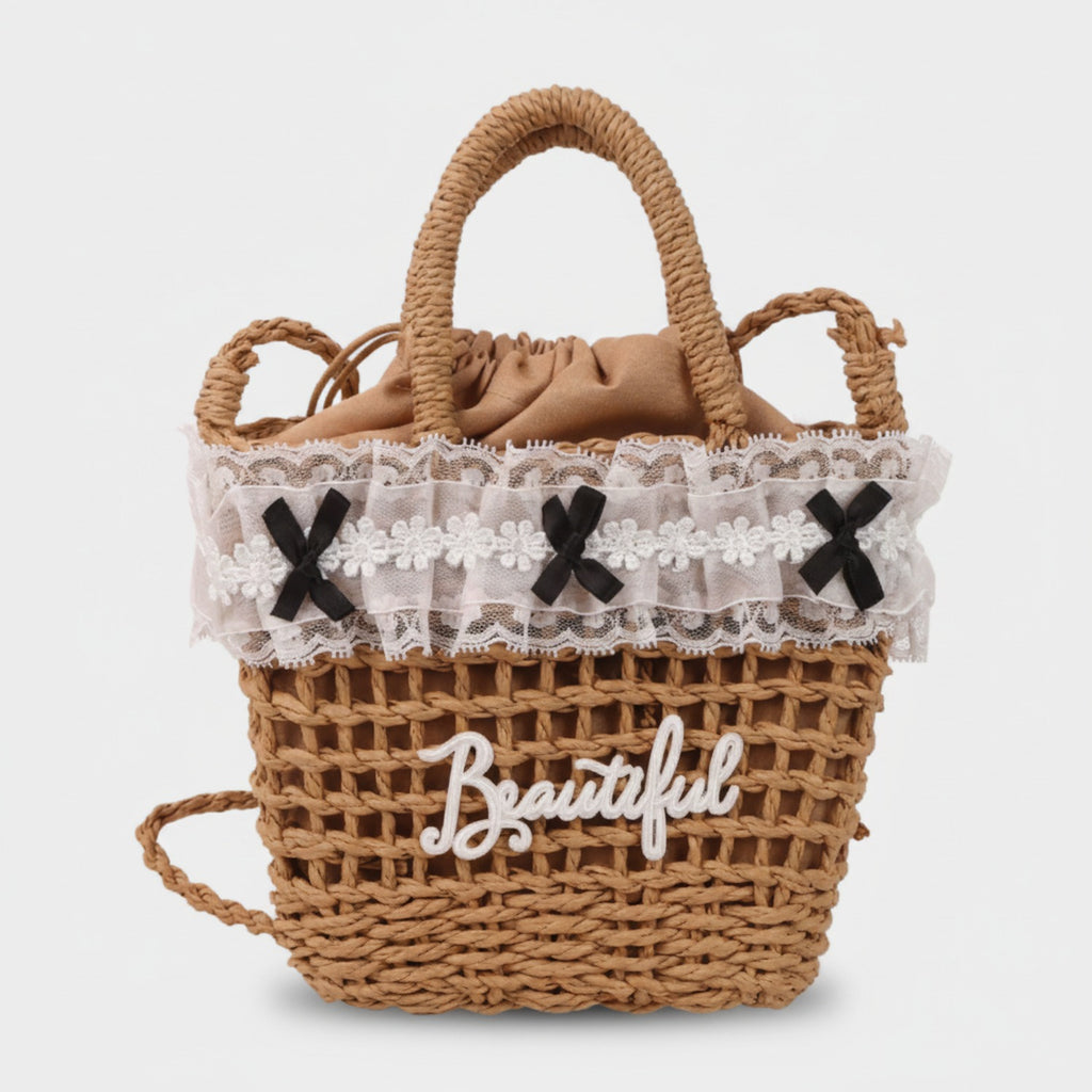 Woven Straw Basket Tote Bag with Lace Bow Trim
