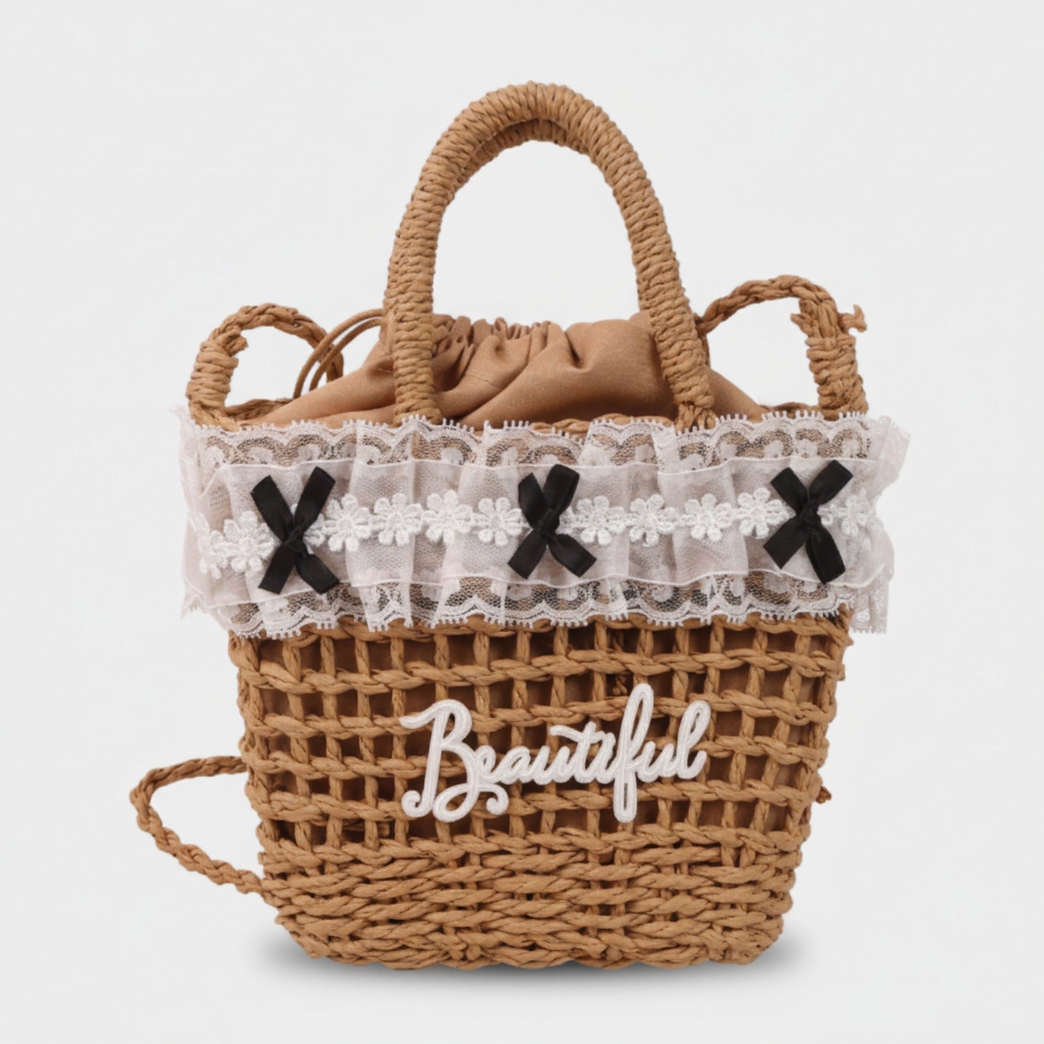 Woven Straw Basket Tote Bag with Lace Bow Trim