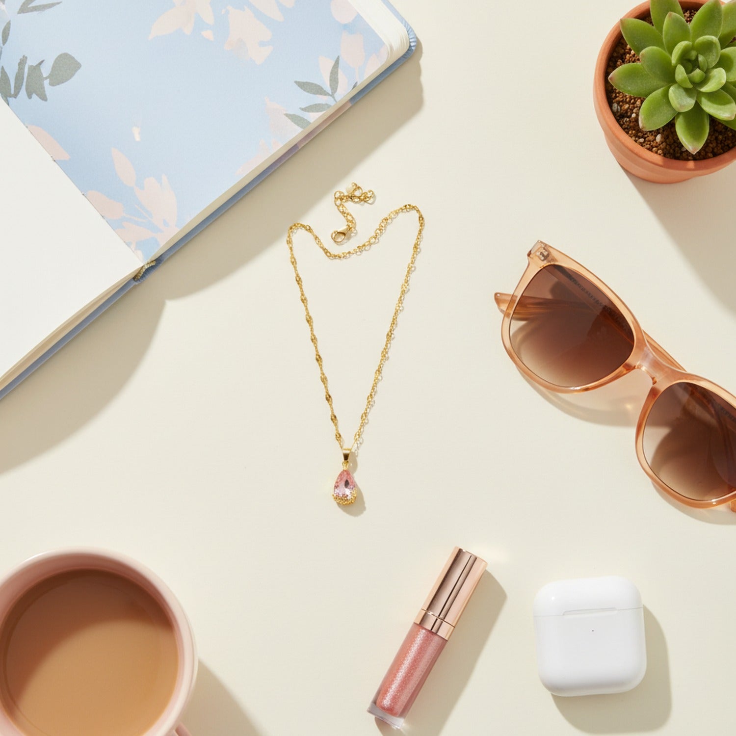 Pink Teardrop Crystal Gold Filigree Pendant Necklace
