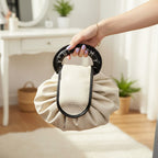 Cream Pleated Cosmetic Bag with Roman Numeral Mirror