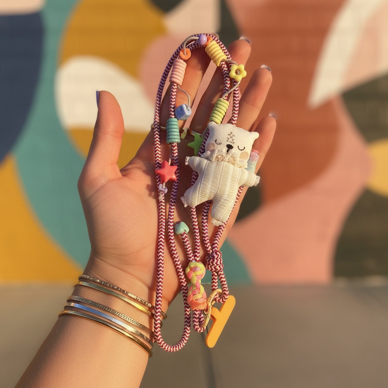 Pastel Cat Charm Phone Strap with Beaded Accents