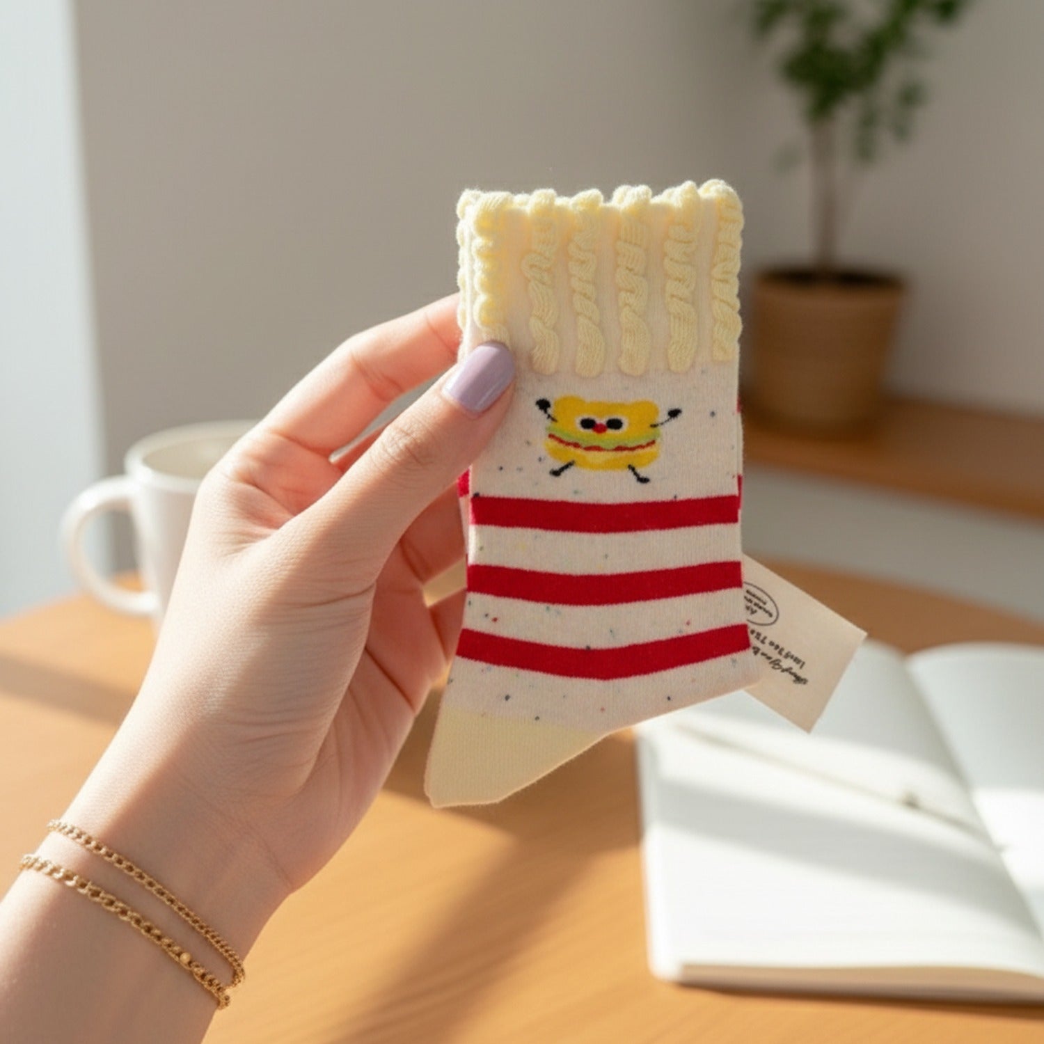 Cream Red Striped Smiley Face Crew Socks