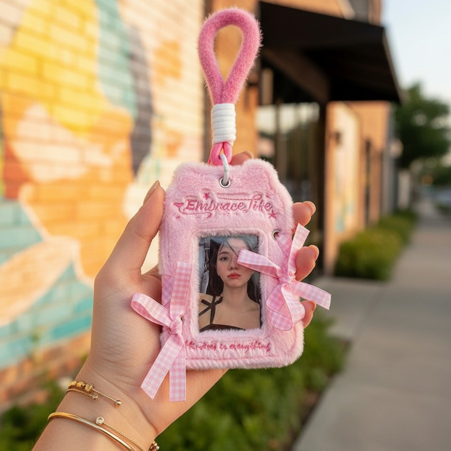 Pink Fuzzy Heart Phone Charm With Ribbon Bows