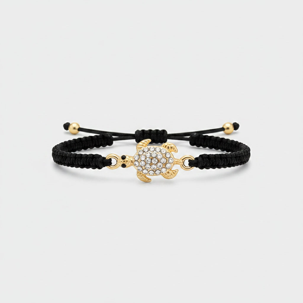 Black Macramé Sea Turtle Rhinestone Charm Bracelet