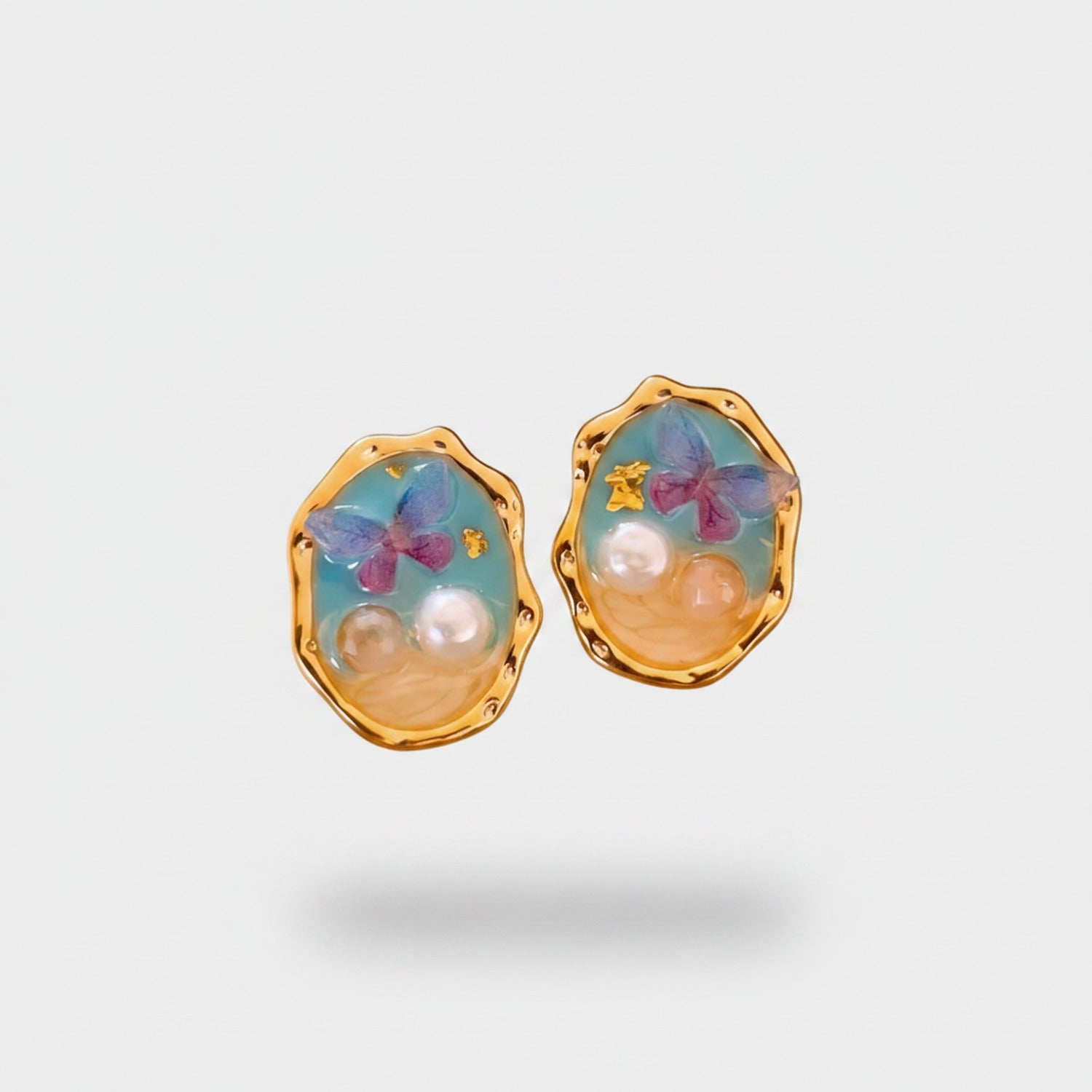 Pearl Flower Enamel Oval Stud Earrings