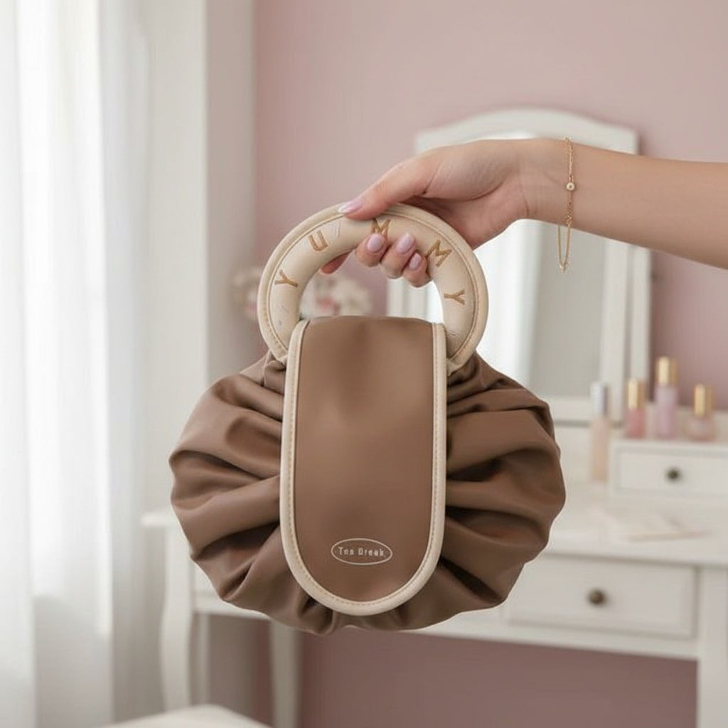 Cream Pleated Cosmetic Bag with Roman Numeral Mirror