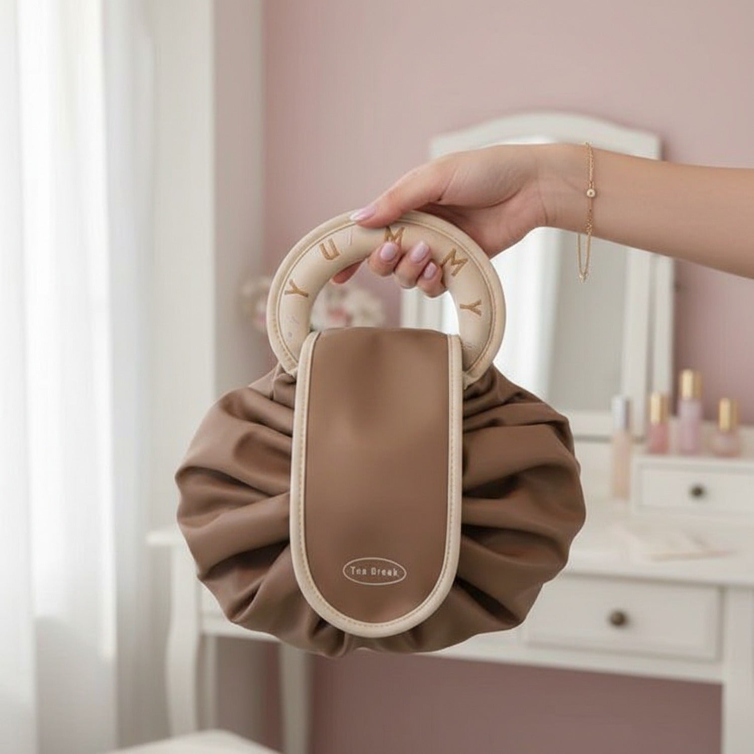 Cream Pleated Cosmetic Bag with Roman Numeral Mirror