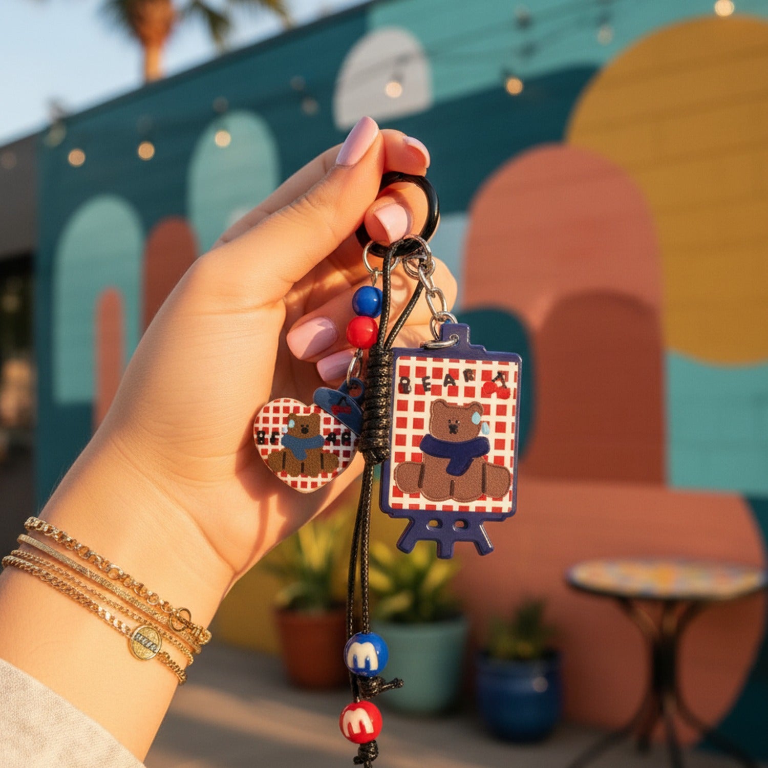 Gingham Picnic Acrylic Keyring With Charm Dangles