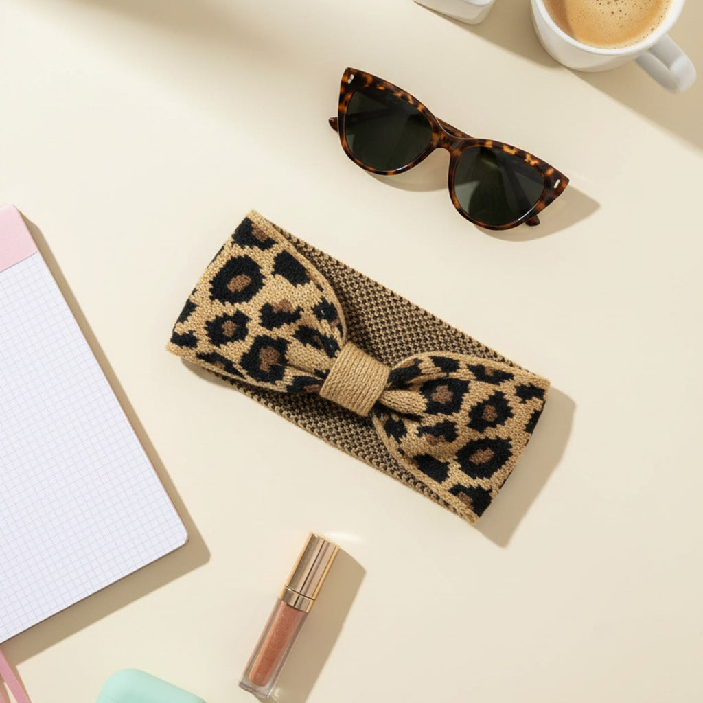 Leopard Print Knit Hair Clip With Ribbon Band