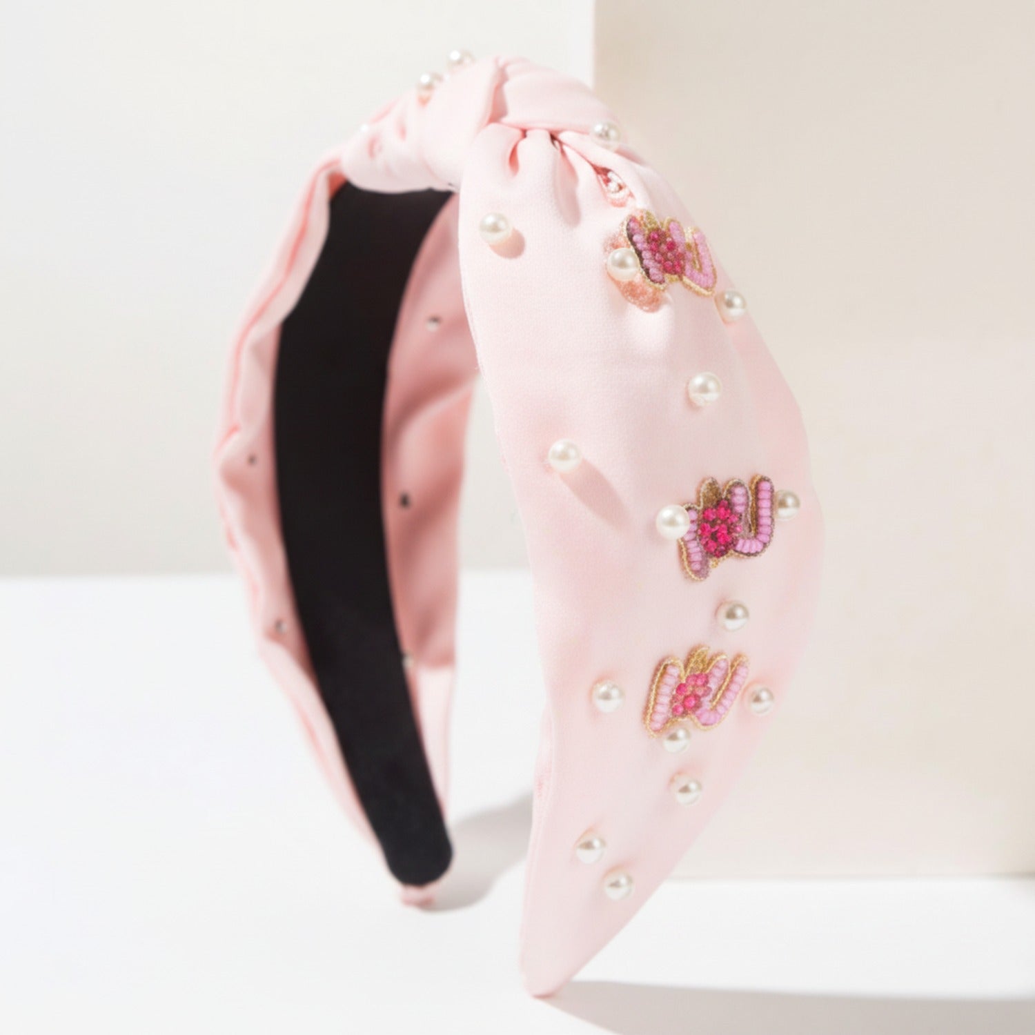 Pink Padded Headband With Beaded Floral Embellishments