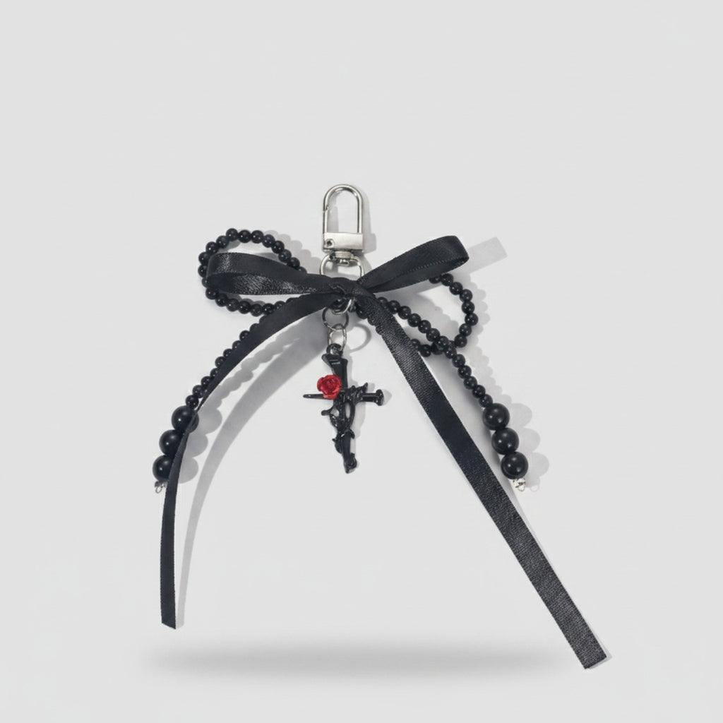 Beaded Black Ribbon Bow Acrylic Keyring Charm
