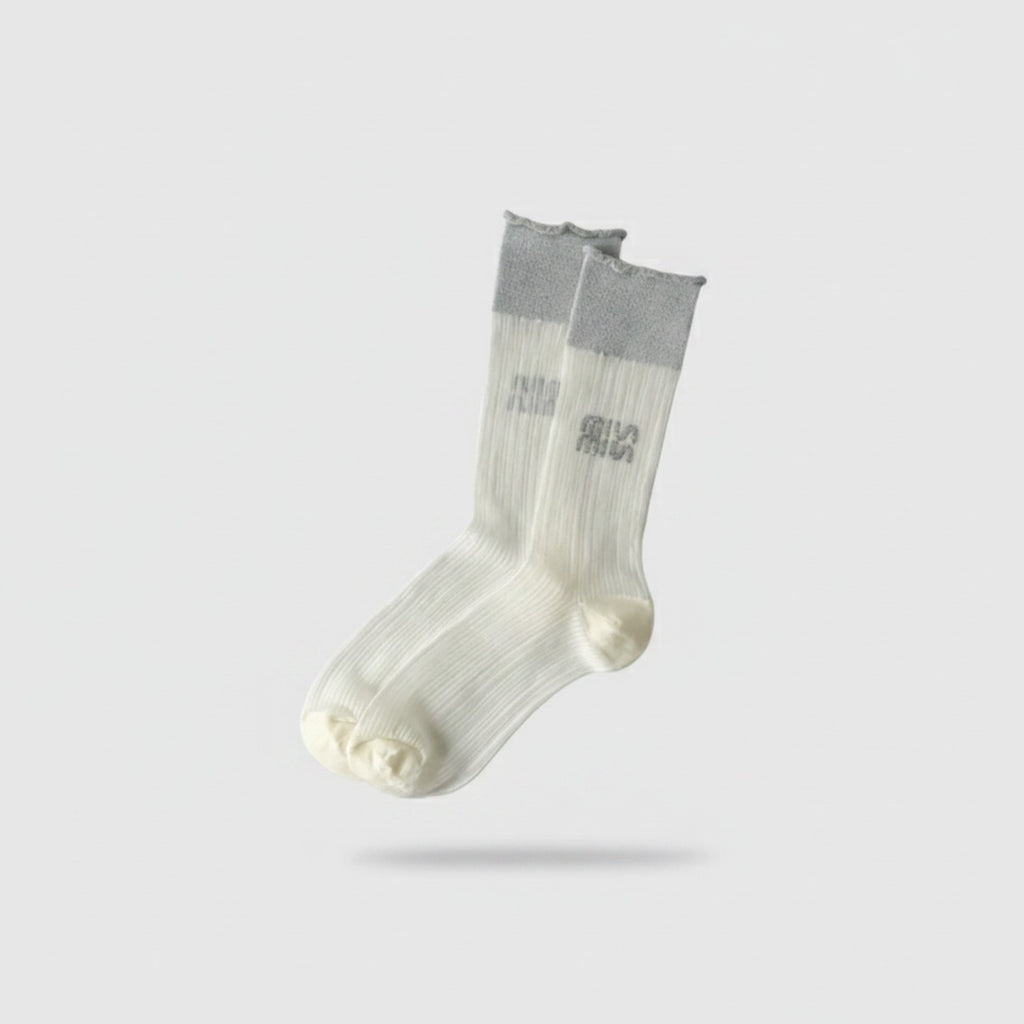 Cream Ribbed Crew Socks With Gray Cuff