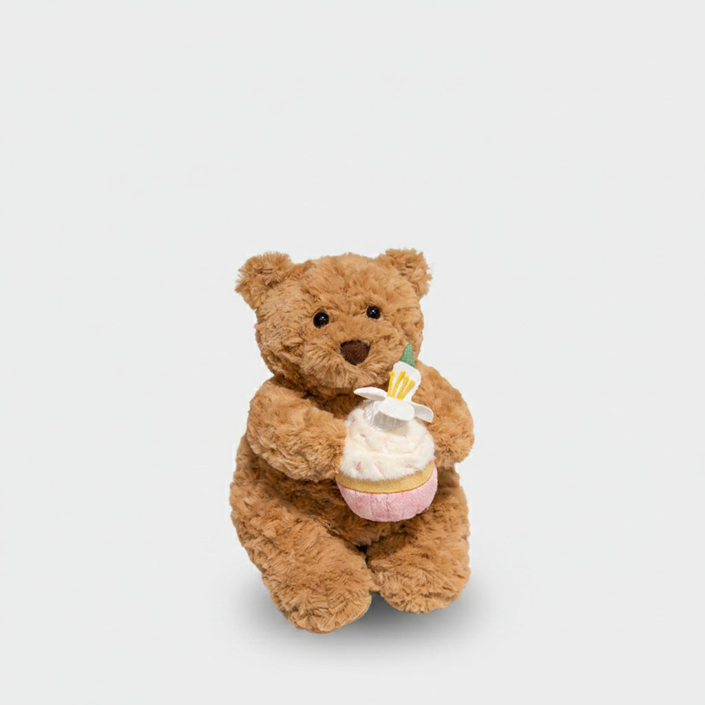 Tan Teddy Bear Plush With Birthday Cupcake