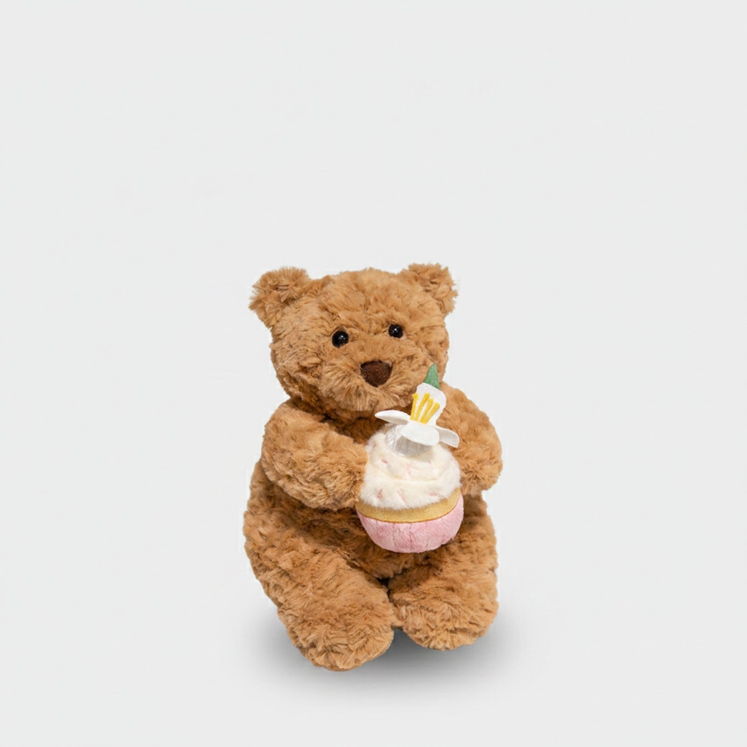 Tan Teddy Bear Plush With Birthday Cupcake
