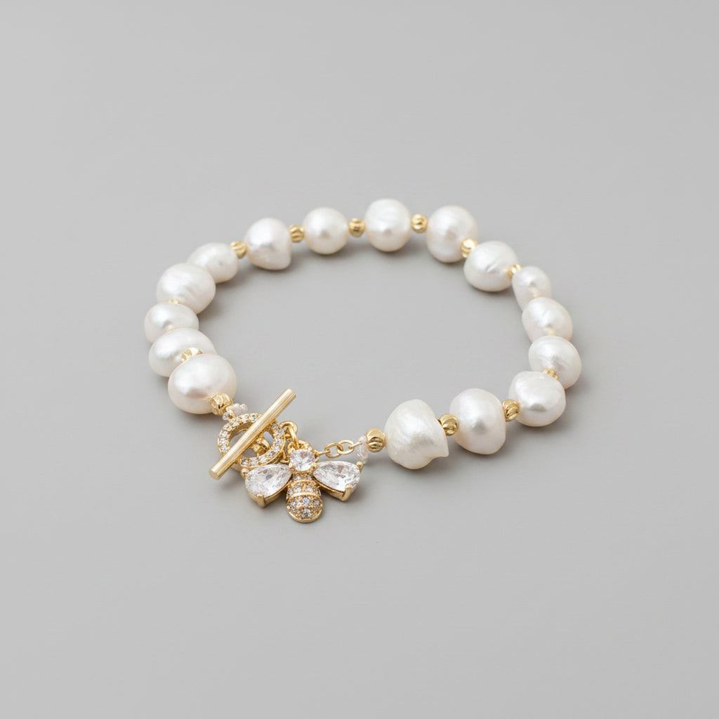Pearl Beaded Bracelet With Rhinestone Bow Charm
