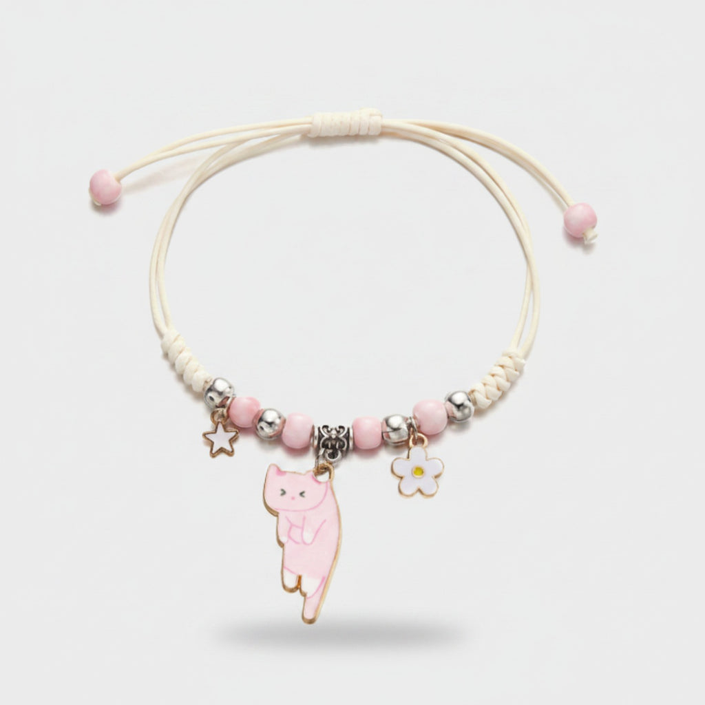 Pink Beaded Cat Charm Bracelet with Flower
